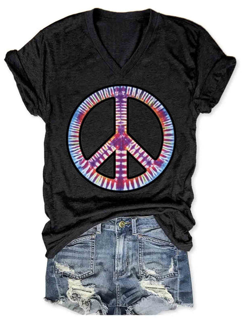 Peace And Love Art V-neck Casual T-Shirt Black / S