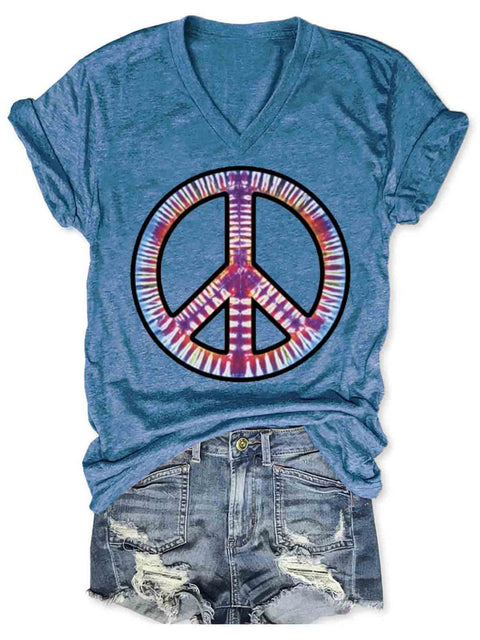 Peace And Love Art V-neck Casual T-Shirt Blue / S