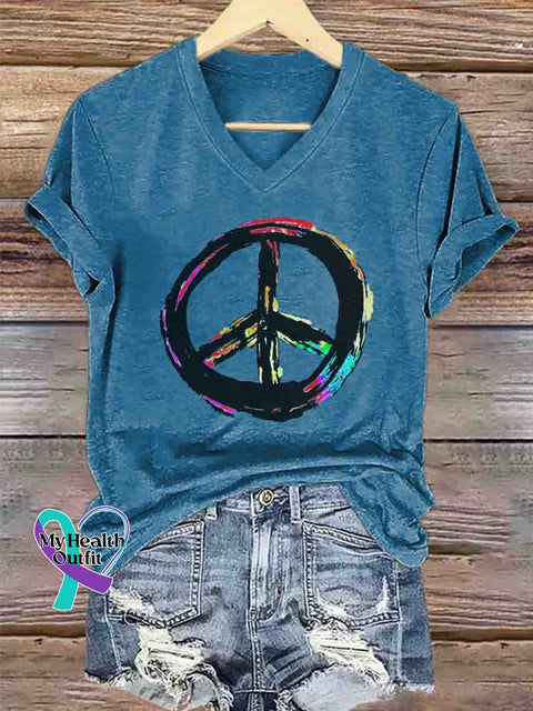 Peace and Love Art V-neck Casual T-Shirt Blue / S