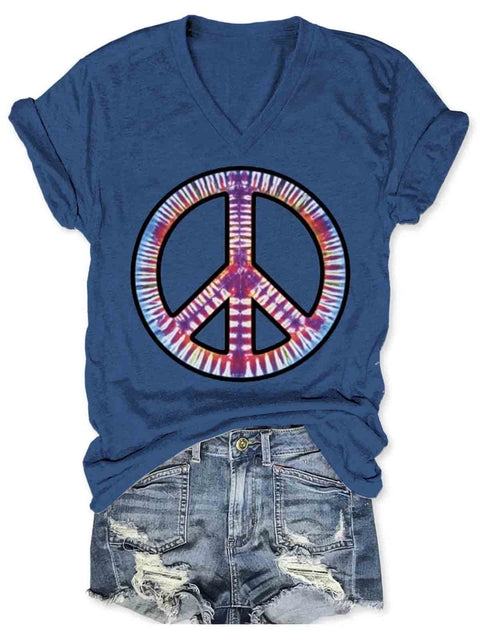 Peace And Love Art V-neck Casual T-Shirt DarkBlue / S