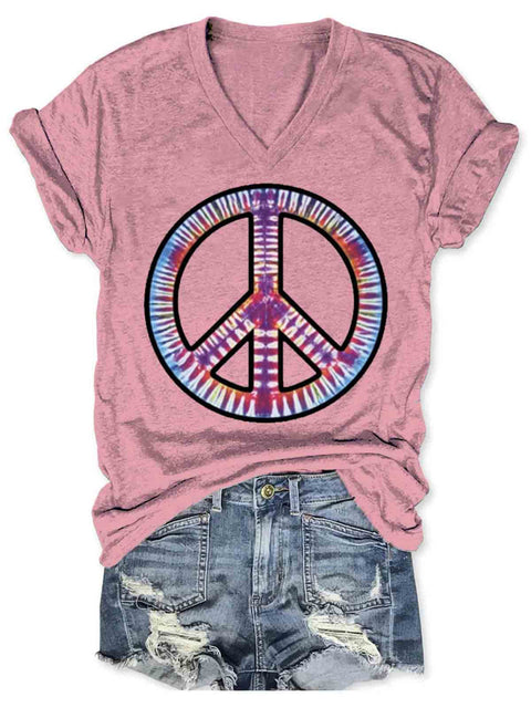 Peace And Love Art V-neck Casual T-Shirt Pink / S