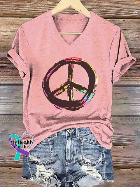 Peace and Love Art V-neck Casual T-Shirt Pink / S
