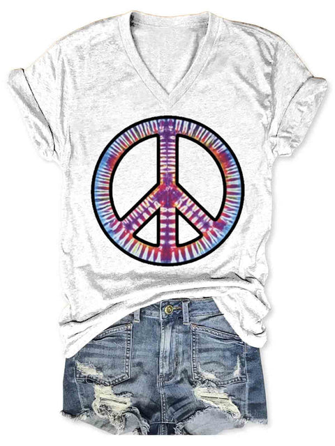 Peace And Love Art V-neck Casual T-Shirt White / S