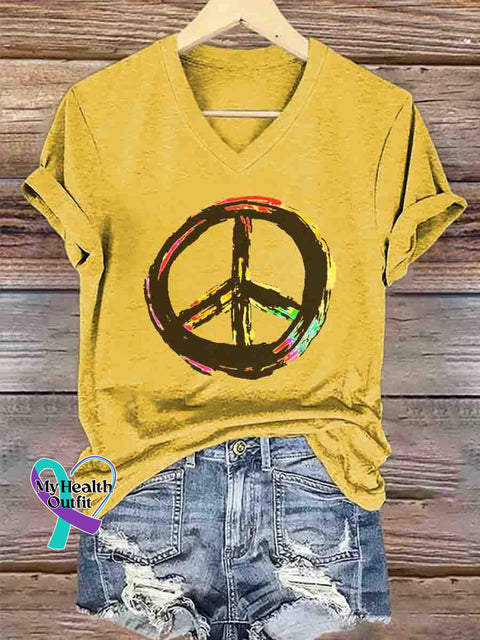 Peace and Love Art V-neck Casual T-Shirt Yellow / S