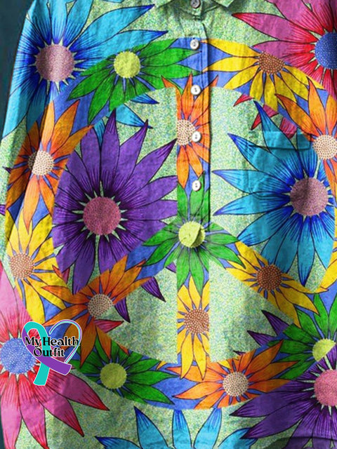 Peace And Love Flower Art Pattern Print Casual Cotton Linen Shirt