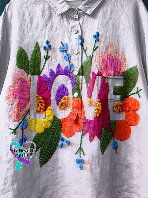 Peace And Love Flower Art Pattern Print Casual Cotton Linen Shirt