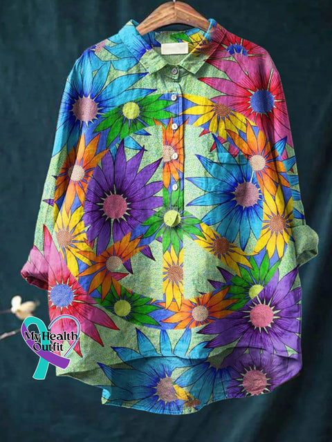 Peace And Love Flower Art Pattern Print Casual Cotton Linen Shirt / S