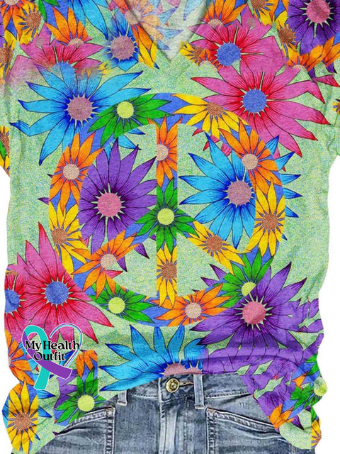 Peace And Love Flower Art Print Casual T-Shirt
