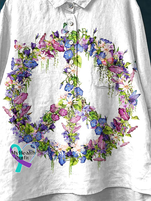 Peace And Love Flower Butterfly Art Pattern Print Casual Cotton Linen Shirt
