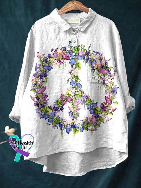 Peace And Love Flower Butterfly Art Pattern Print Casual Cotton Linen Shirt Multicolor / S