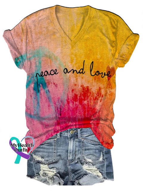 Peace And Love Gradient Swoosh Print Casual V-Neck Short Sleeve T-Shirt Multicolor / S