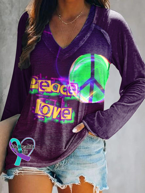 Peace and Love Printed Casual V-Neck Long Sleeve T-Shirt Multicolor / S