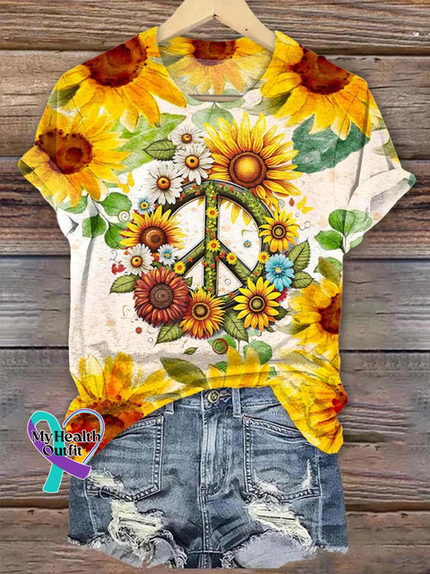 Peace And Love Sunflowers Pattern Art Print Casual T-shirt Multicolor / S