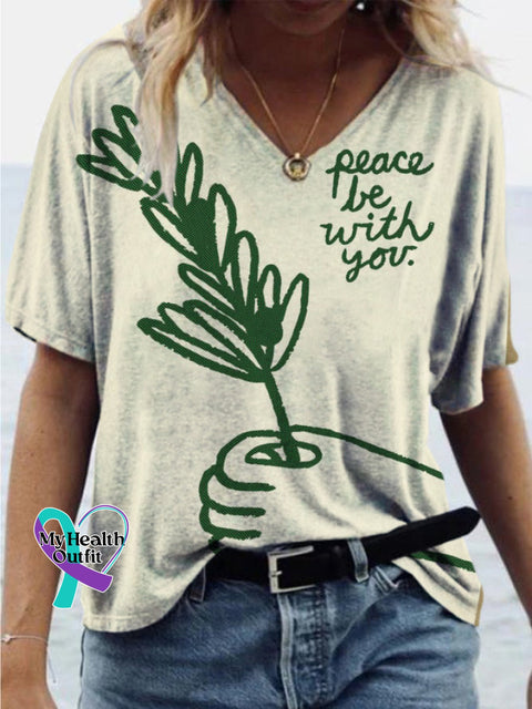Peace Be With You Printed Casual Loose V-Neck Short Sleeve T-Shirt Multicolor / S