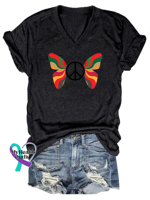 Peace Butterfly Print Casual V-Neck Short Sleeve T-Shirt Black / S