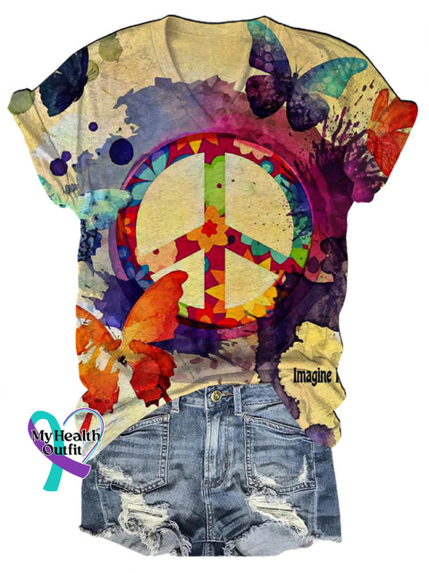 Peace Butterfly Print Casual V-Neck Short Sleeve T-Shirt Multicolor / S