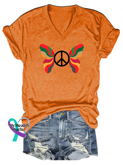 Peace Butterfly Print Casual V-Neck Short Sleeve T-Shirt Orange / S