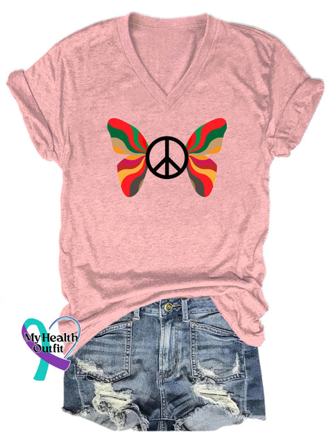 Peace Butterfly Print Casual V-Neck Short Sleeve T-Shirt Pink / S
