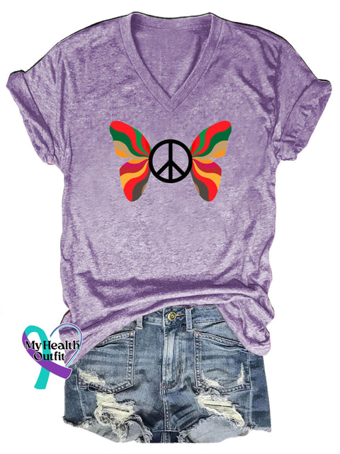 Peace Butterfly Print Casual V-Neck Short Sleeve T-Shirt Purple / S