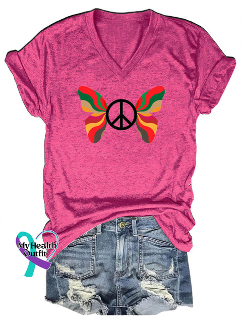 Peace Butterfly Print Casual V-Neck Short Sleeve T-Shirt RoseRed / S
