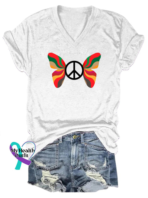 Peace Butterfly Print Casual V-Neck Short Sleeve T-Shirt White / S