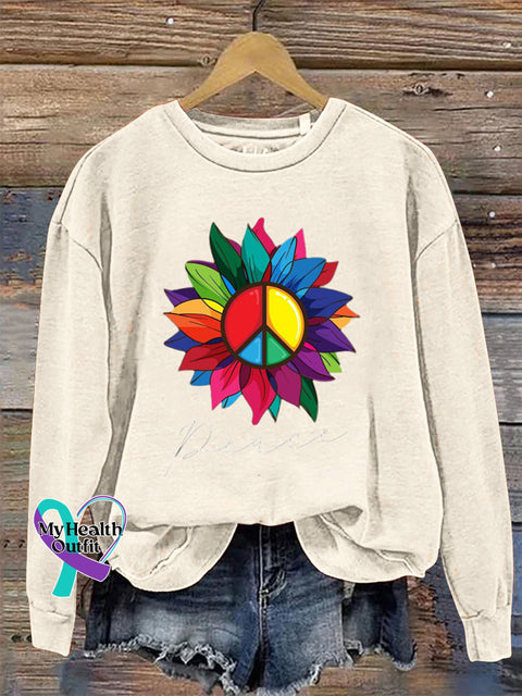 Peace Crew Neck Long Sleeve Casual Sweatshirt Beige / S