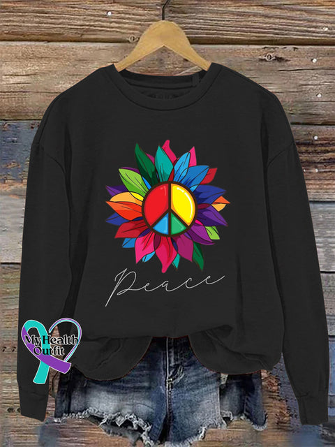 Peace Crew Neck Long Sleeve Casual Sweatshirt Black / S