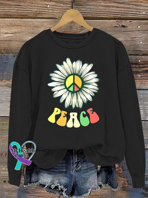 Peace Crew Neck Long Sleeve Casual Sweatshirt Black / S