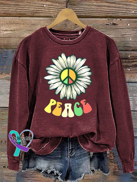 Peace Crew Neck Long Sleeve Casual Sweatshirt Claret / S