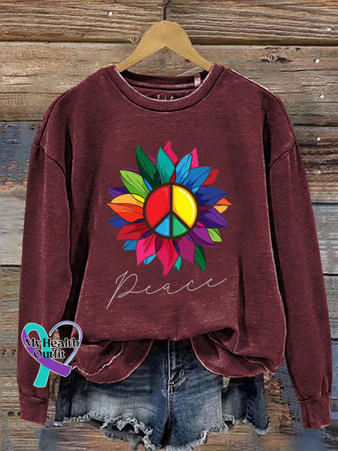 Peace Crew Neck Long Sleeve Casual Sweatshirt Claret / S