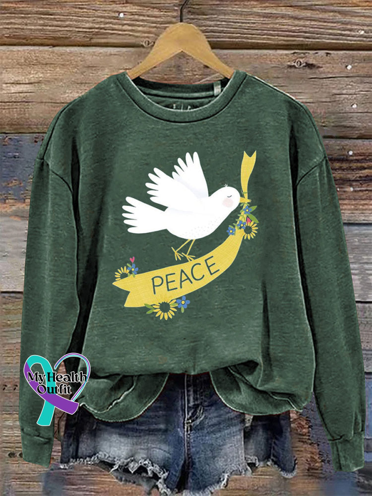 Peace Crew Neck Long Sleeve Casual Sweatshirt Green / S