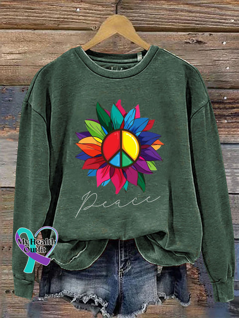 Peace Crew Neck Long Sleeve Casual Sweatshirt Green / S