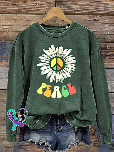 Peace Crew Neck Long Sleeve Casual Sweatshirt Green / S