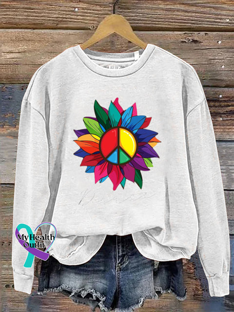 Peace Crew Neck Long Sleeve Casual Sweatshirt White / S