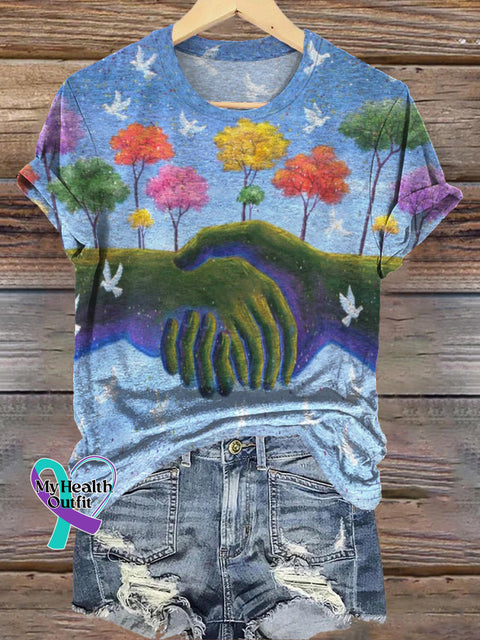 Peace Dove Handshake Tree Print Casual Round Neck Short Sleeve T-Shirt Multicolor / S