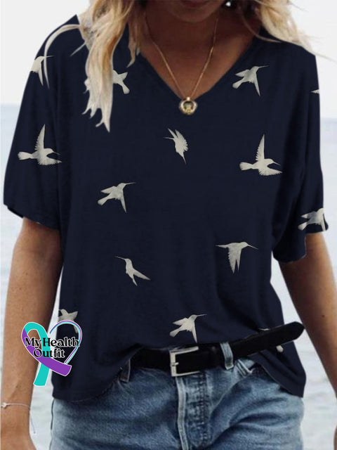 Peace Dove Printed Casual Loose V-Neck Short Sleeve T-Shirt Multicolor / S