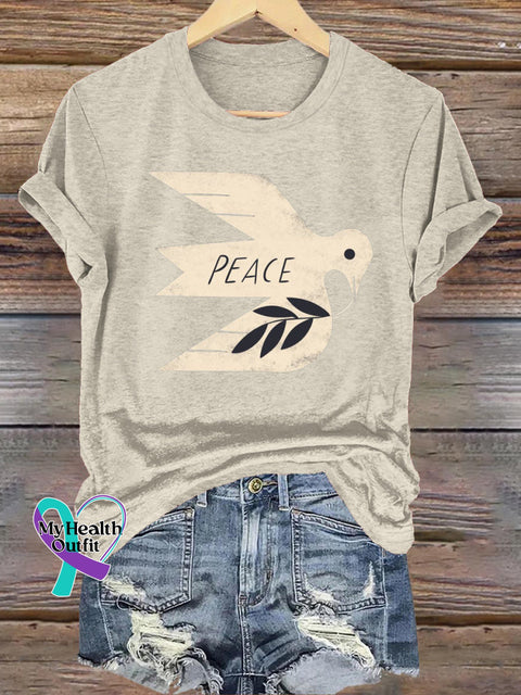 Peace Dove Printed Casual Round Neck Short Sleeve T-Shirt Beige / S