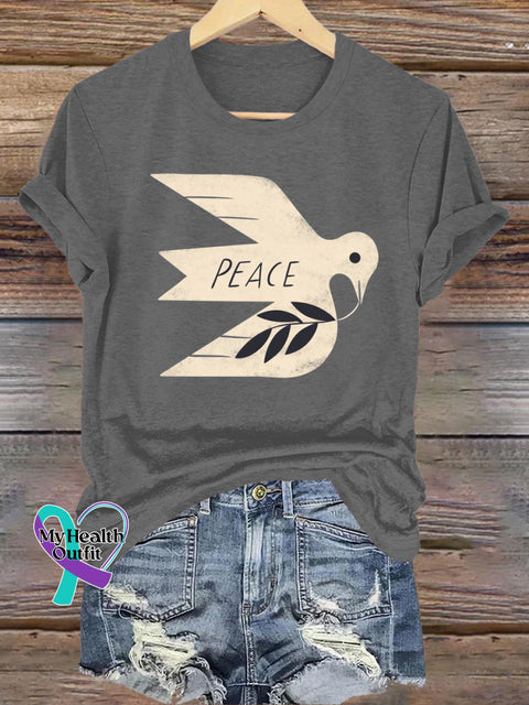 Peace Dove Printed Casual Round Neck Short Sleeve T-Shirt Grey / S