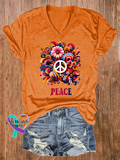 Peace Floral Print Casual V-Neck Short Sleeve T-Shirt Orange / S