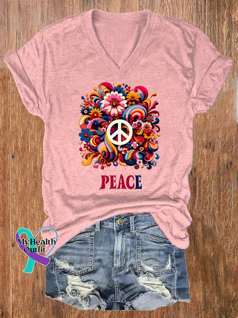 Peace Floral Print Casual V-Neck Short Sleeve T-Shirt Pink / S