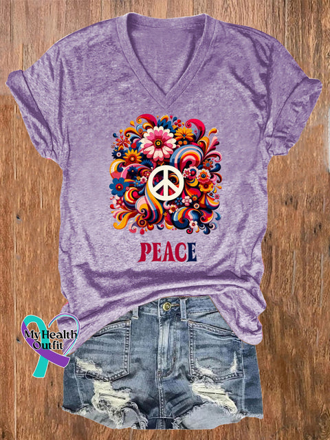 Peace Floral Print Casual V-Neck Short Sleeve T-Shirt Purple / S