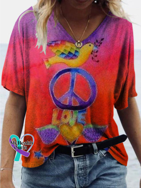 Peace Flower Peace Dove Gradient Printing Loose Casual V-Neck Short Sleeve T-Shirt Multicolor / S