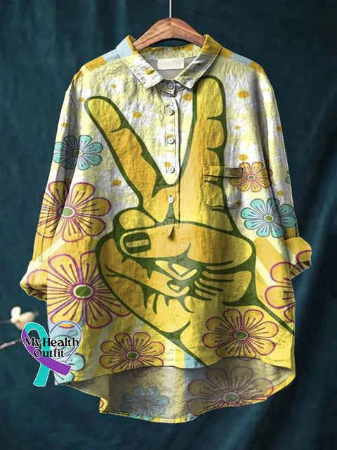 Peace Hand Sign Print Casual Cotton And Linen Shirt Multicolor / S