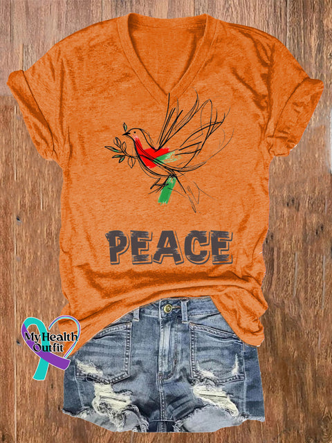 Peace Line Bird Print Casual V-Neck Short Sleeve T-Shirt Orange / S