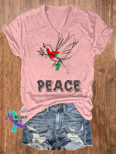 Peace Line Bird Print Casual V-Neck Short Sleeve T-Shirt Pink / S