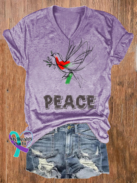 Peace Line Bird Print Casual V-Neck Short Sleeve T-Shirt Purple / S