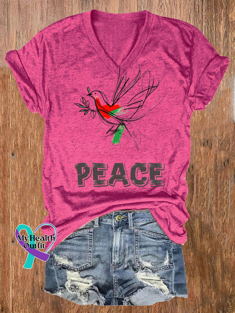 Peace Line Bird Print Casual V-Neck Short Sleeve T-Shirt RoseRed / S