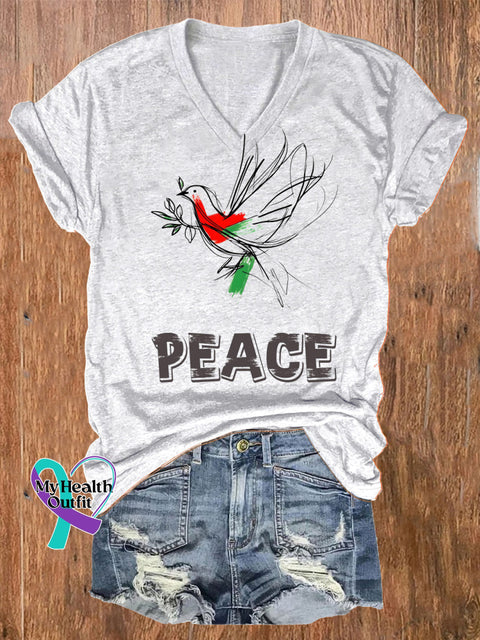 Peace Line Bird Print Casual V-Neck Short Sleeve T-Shirt White / S
