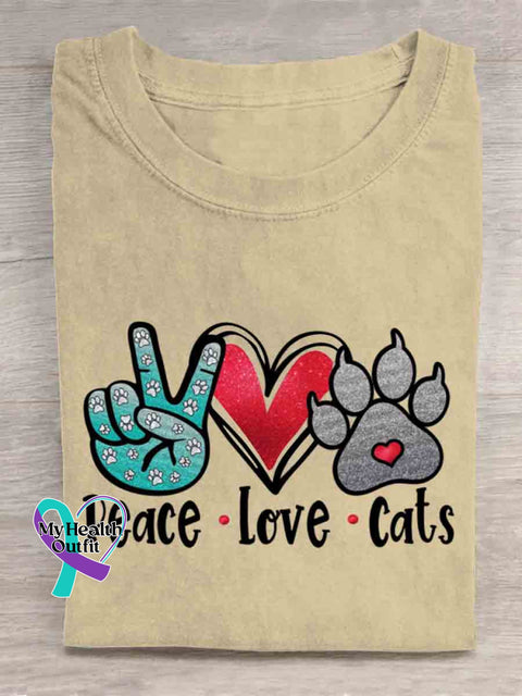 Peace Love and Cat Art T shirt Apricot / S