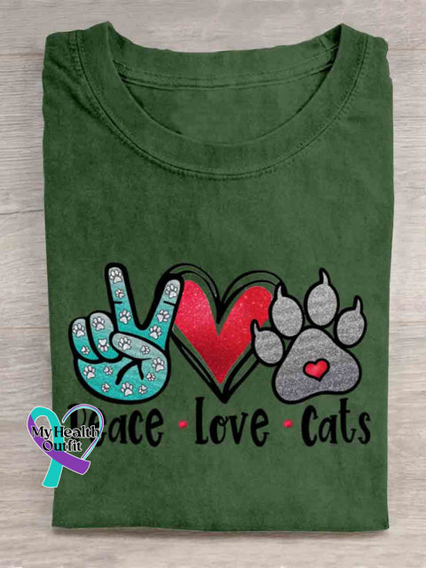 Peace Love and Cat Art T shirt Green / S